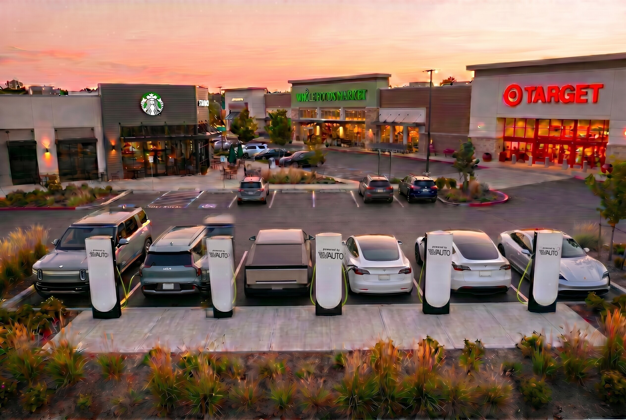 Aerial view of a Tesla V4 Supercharging plaza built on a retail property at dusk, Powered by EVAUTO